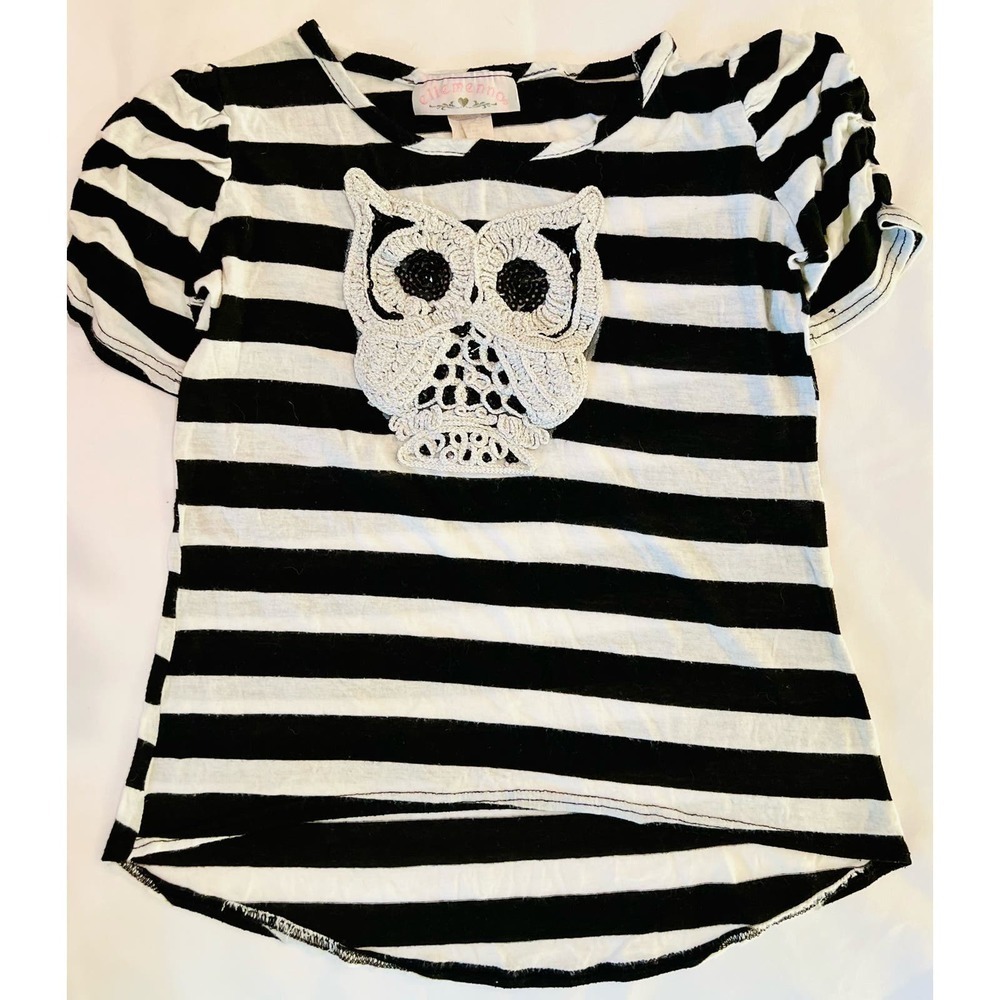 Emmenno Owl black & white striped girl’s hi-lo top